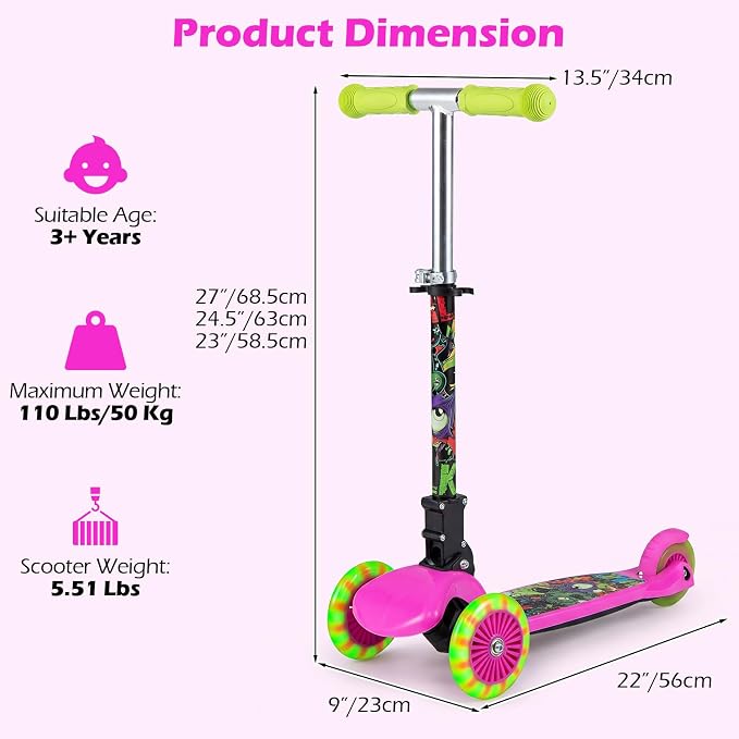 OLAKIDS Kids Kick Scooter with LED Front Wheels, 3-Level Adjustable Handlebars, Lean-to-Steer Design, Rear Foot Brake, Wide Anti Slip Deck, 3-Wheel Scooter for Kids Ages 2-5