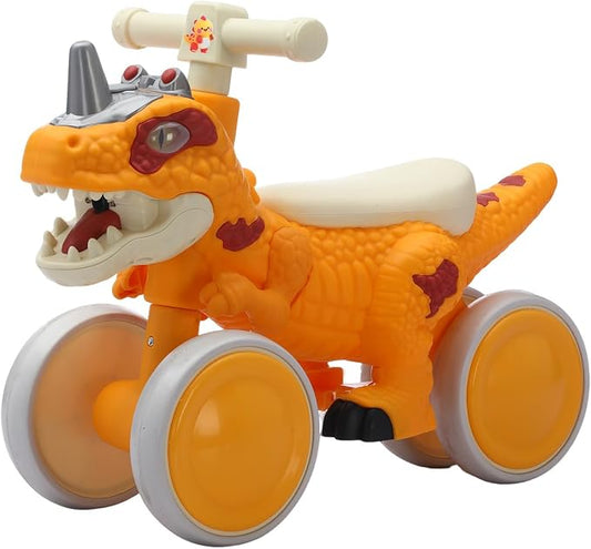 Dinosaur Balance Bike for 1-3 Year Olds, 4-Wheel No-Pedal Bike for Walker, Ride on Toys for Toddlers with Music and Mist Spray, First Birthday Gift for Boys & Girls (Orange)