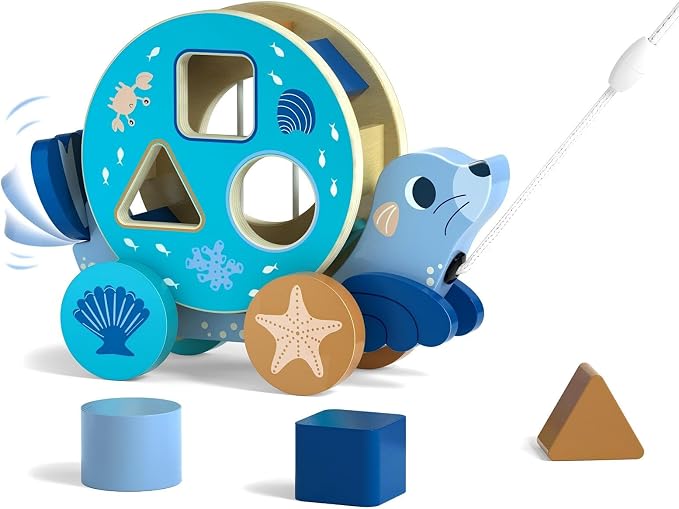 LOVELAND Wooden Seal Pull Along Toy, 3-in-1 Interactive Walker for Toddlers 1-3 with Rattle Ball & Shape Sorter, STEM Educational Push Pull Walking & Crawling Toy for Baby Boy Girl Birthday Gifts