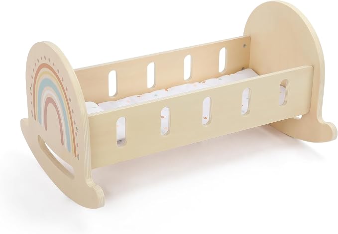 FReniland Wood Rocking Doll Crib for Dolls up to 18 Inches, Wooden Baby Doll Bed Dolls Cradle with Blanket & Pillow, Classic Pretend Play Toy for Kids Ages 3+