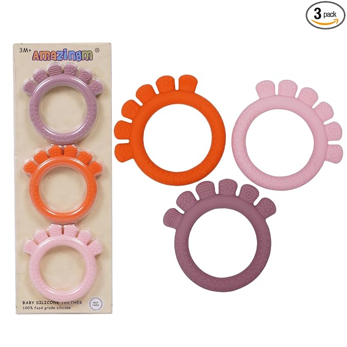 Baby Silicone Teething Ring Toys for 0-6,6-12 Months Boys and Girls,Chew Teether Stuff for Infant,Newborn Must Have Essentials,BPA Free,Soft and Textured. (Pink)