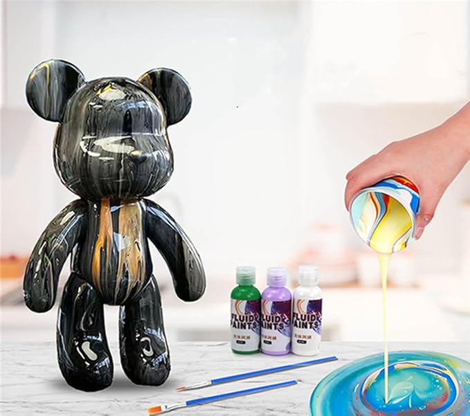 HANDA DIY Painting Fluid Bear Teddy Bear Painting Kit Set Creative Home Decorations Handmade Doll Figurine Toys Gift for Birthday Valentines (5 Colors Acrylic Paints, no Bear)