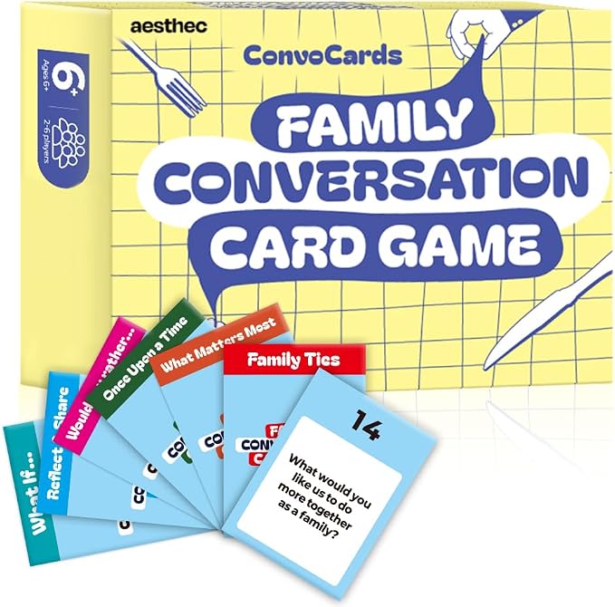 ConvoCards – 150 Family Conversation Cards with Bingo Boards, Fun Dinner Table Game with 6 Categories of Engaging Questions for Kids, Teens & Adults to Connect, Game Night & Road Trip Group Activity