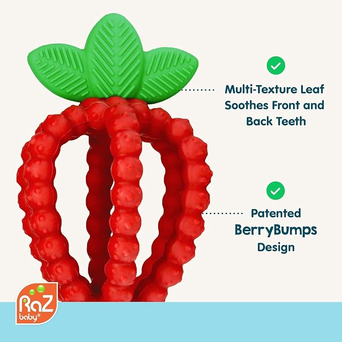RaZbaby Silicone Infant & Baby Teething Toy, Textured BerryBumps Soothe Babies Sore Gums, RaZberry Bites Relief Teether, Back & Front Teeth, BPA Free, Fruit Shape for Babies 3M+ (Red & Pink)