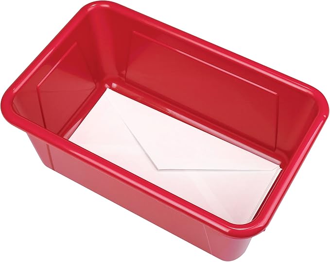 Storex Small Cubby Bins – Plastic Storage Containers for Classroom with Non-Snap Lid, 12.2 x 7.8 x 5.1 inches, Red, 5-Pack (62407A05C)
