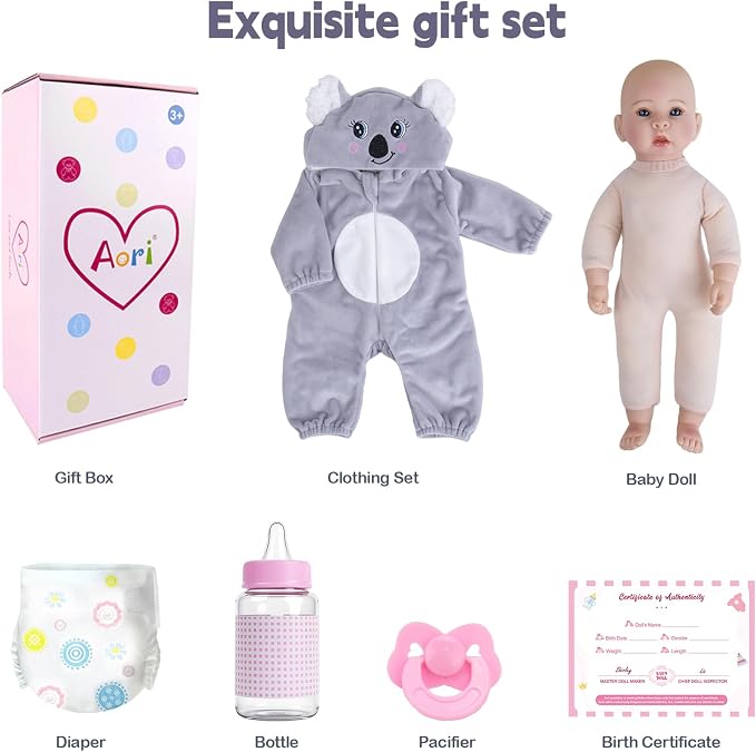 Aori Boy Baby Dolls 17 inches, Real Life Baby Boy Doll with Feeding Kit Included, Life Like Baby Dolls that Look Real, Newborn Baby Boy for Kids, Birthday, Pretend Play