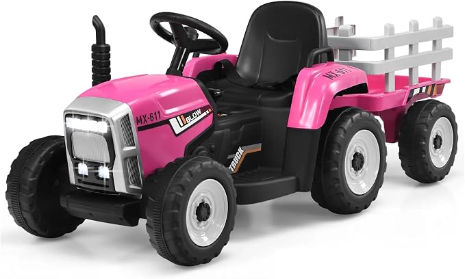 HONEY JOY Ride On Tractor with Trailer, Toddler 3-Gear-Shift Ground Loader, LED Lights, Horn, Music, 12V Battery Powered Electric Toy Tractor with Remote Control (Pink)