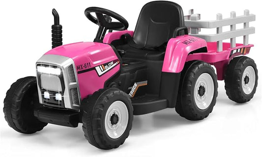 HONEY JOY Ride On Tractor with Trailer, Toddler 3-Gear-Shift Ground Loader, LED Lights, Horn, Music, 12V Battery Powered Electric Toy Tractor with Remote Control (Pink)