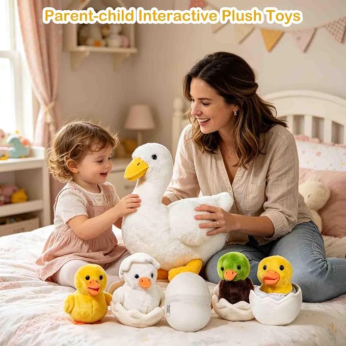 7 in 1 Duck Stuffed Animal, 12" Zippered Mommy Stuffed White Duck Plush Toy with 4 Baby Ducklings and Eggs, Soft Duck Plushie Pillow for Kids Christmas Birthday Gift Farm Party