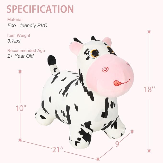 INPANY Bouncy Cow Farm Animal Hopping Toys for 2 Year Old Girl Gifts, Plush Kids Inflatable Jumping Horse, Ride on Toddler Bull Hopper, Outdoor Indoor Rubber Bouncer for 3 4 Yr Boy Birthday