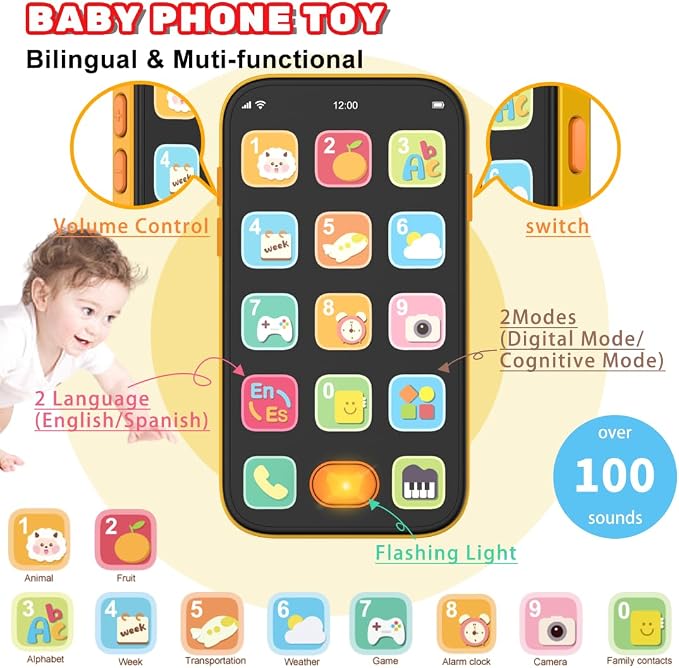 Baby Phone TV Remote Toy Set, Bilingual Play Phones Toy Remote for Baby with Music Light for 6+ Months, Early Learning Baby Toys Gift for 1 Year Old Boys Girls Toddler Infant, English/Spanish, Orange