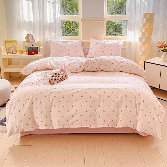 LIWHENHAO Duvet Cover Set Queen 100% Cotton Bedding Ditsy Red Strawberry Fruit Print 1 Pink Cottagecore Comforter Cover Full 2 Pillowcases for Kids Girls Boys Woman