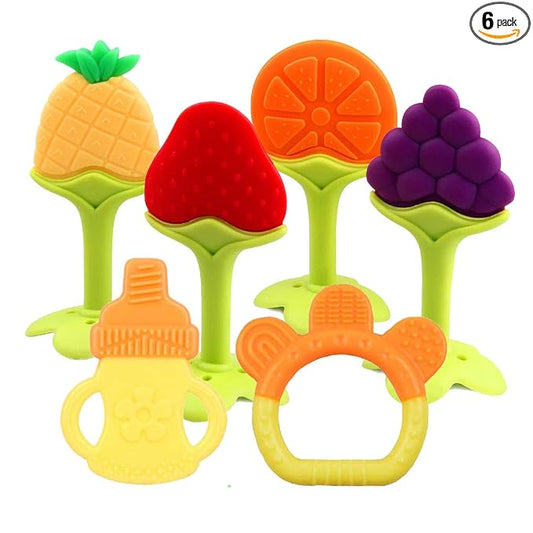 Baby Teething Toys 6 Packs BPA Free Silicone Baby Teethers, Freezer Safe Organic Infant Teething Toys Soft & Textured for Natural Brain Development