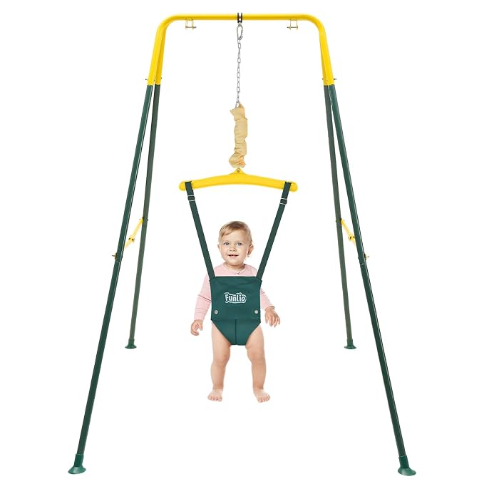 FUNLIO Baby Jumper with Stand for 6-24 Months, Infant Jumper for Indoor/Outdoor Play, Toddler Bouncer for Baby Girl/Boy, with Adjustable Chain, Easy to Assemble & Store (with Stand) - Green