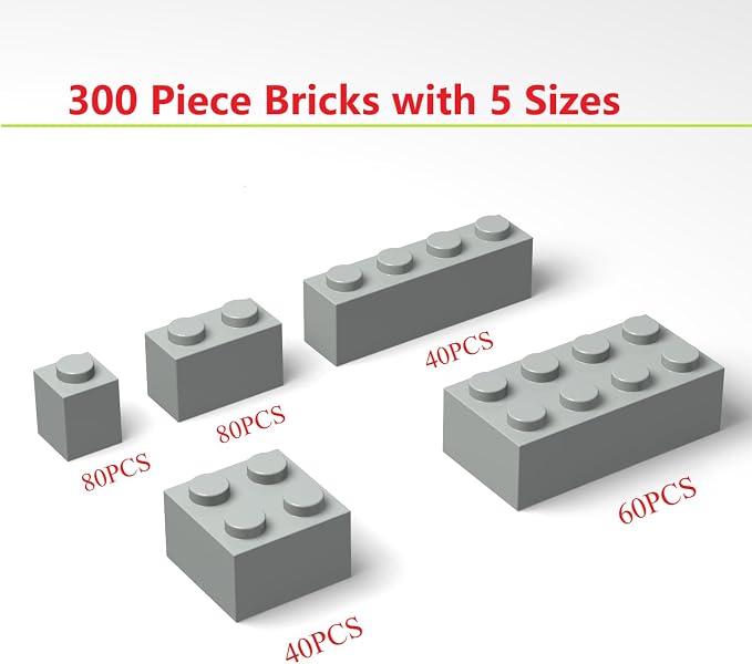 300Pcs Building Brick Bulk, Light Gray Bulk Bricks with 5 Sizes, Compatible with Lego and Parts and Pieces, Creative Halloween Christmas Building Block Toys for Boys Girls Ages 6 7 8 9 10 Years Old