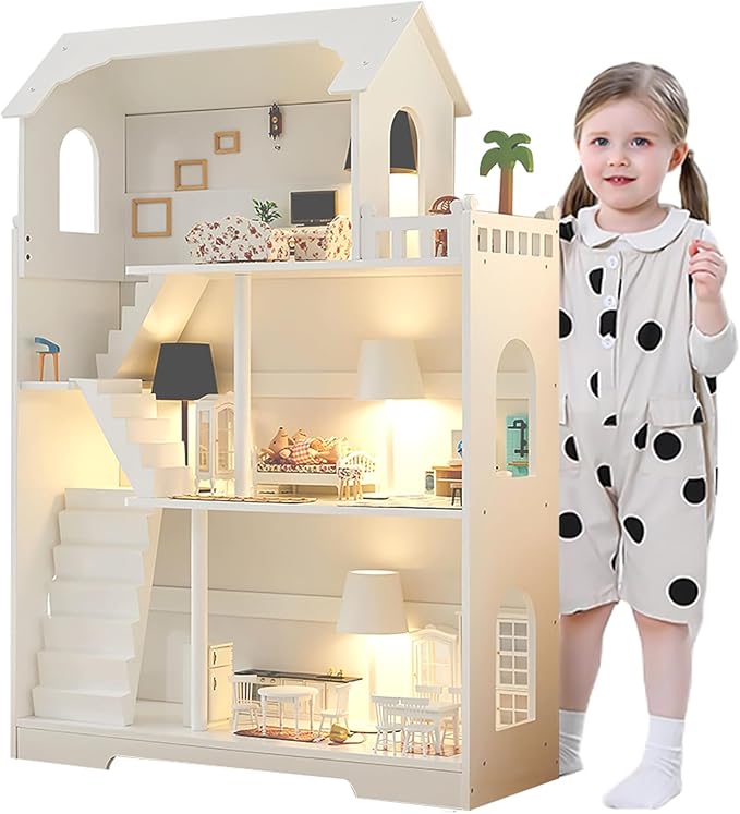 Wooden Dollhouse Bookshelf, 3-Tier Kids Dollhouse Bookcase for Books & Toys Storage Organizer Shelves, Large Doll House for Kids Rooms, Playroom, Nursery, Classroom Gift for Aged 3+