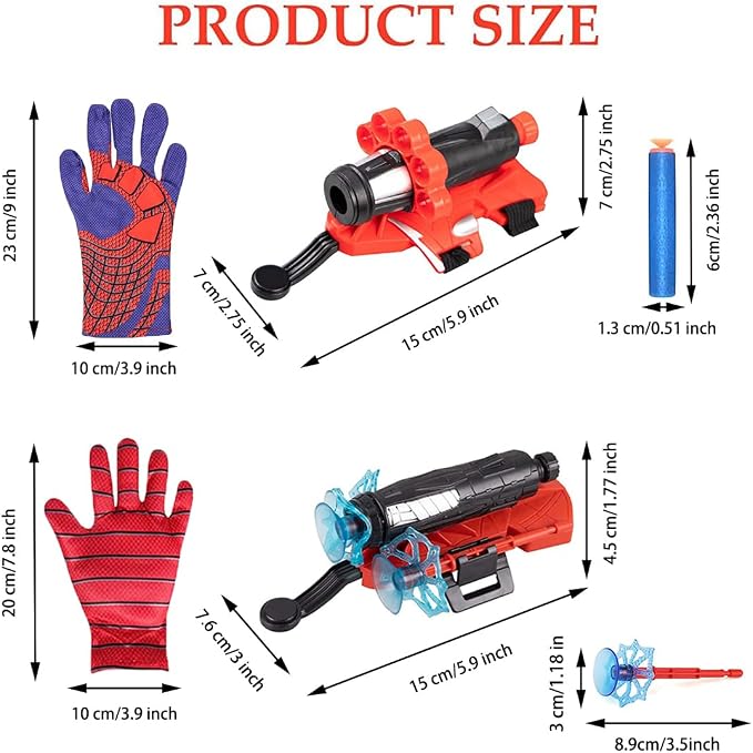 Red Style Spider Web & Soft Missile Launcher Toy 2 Pcs Set, Superhero Fans Webs Shooter for Kids, Cosplay Launcher Gloves with Wrist Toy Set, Christmas Halloween Birthday Party