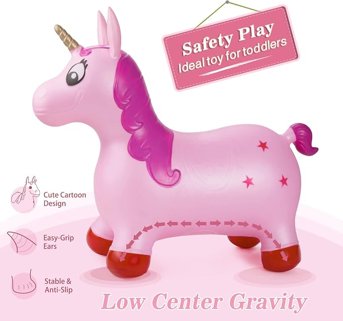 INPANY Pink Unicorn Hopper, Horse Hopper, Bouncy Inflatable Animal Ride-on Toy for Children, Boys and Girls, Toddlers (Pump Included)