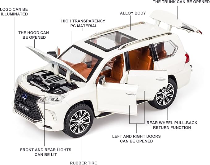 Diecast car Model 1/24 Scale - Zinc Alloy Pull Back Toy car with Sound and Light, Collectible Toys Vehicle for Adults and Boys Girls (White)