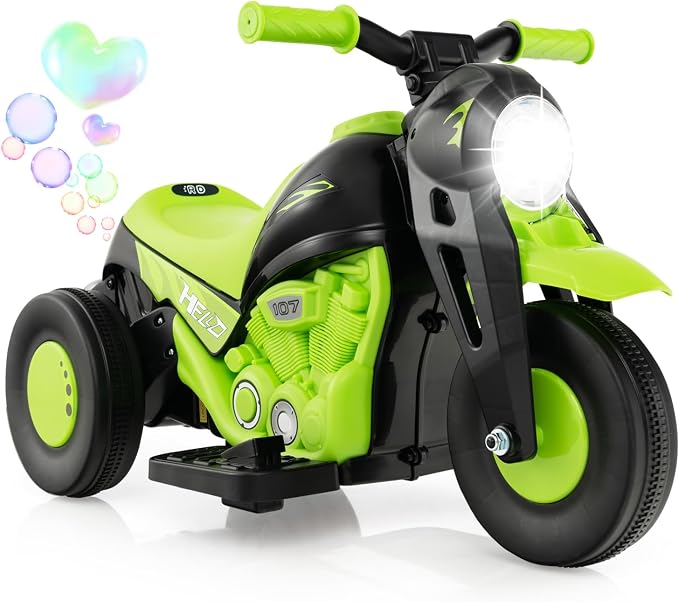 Costzon Kids Motorcycle, 6V Battery Powered Ride on Motorcycle with Bubble Maker, Music, LED Headlight, Forward & Backward, 3 Wheels Electric Motorcycle for Kids, Gift for Boys & Girls (Green)