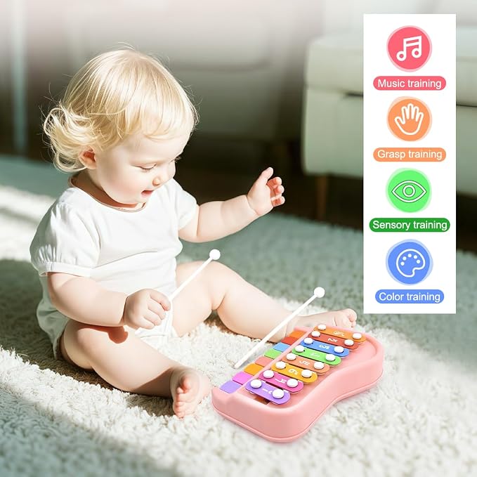 Pink 2-in-1 Toddler Xylophone Piano Toy, Toddler 8 Key Musical Instrument with Mallets & Music Cards, Montessori Educational Gift for Girls Ages 1-3