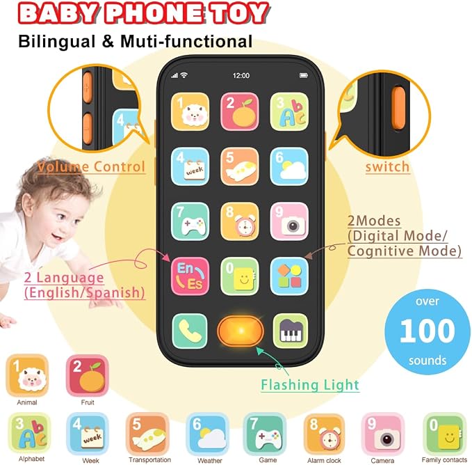 Baby Phone TV Remote Toy Set, Bilingual Play Phones Toy Remote for Baby with Music Light for 6+ Months, Early Learning Baby Toys Gift for 1 Year Old Boys Girls Toddler Infant, English/Spanish, Black