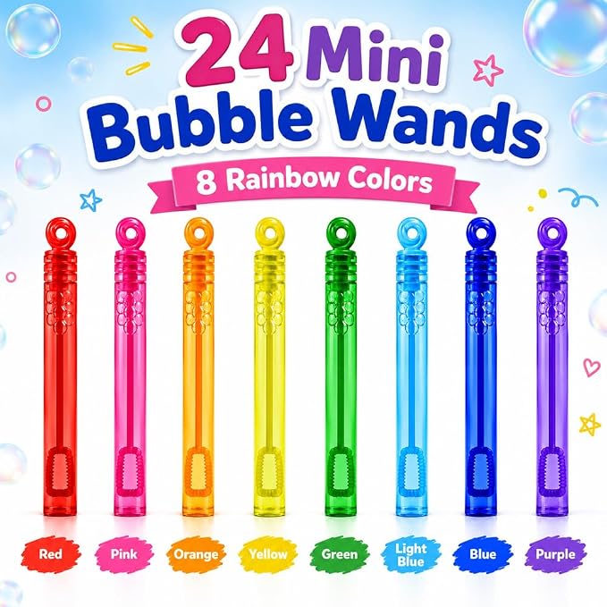 Waybla 24 Pack Bubble Party Favors for Kids, Goodie Gift Bag Stuffer Fillers for Kids, 8 Colors Mini Bubble Wands Birthday Summer Beach Pool Toys for Boys Girls, Classroom Prizes Treats for Toddlers