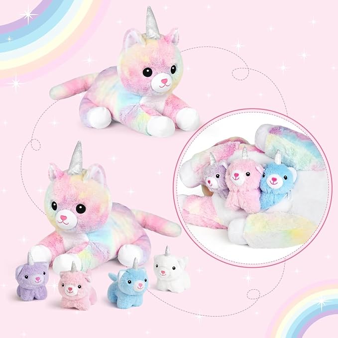 KMUYSL Toys for Ages 0 1 2 3 4 5 6 7 8+ Years - Plush Mommy Stuffed Animal with 4 Babies in Her Tummy, Soft Plush Toys Set, Christmas Birthday Gifts for Girls Boys, Toddler, Kids (Unicorn Cat Toys)