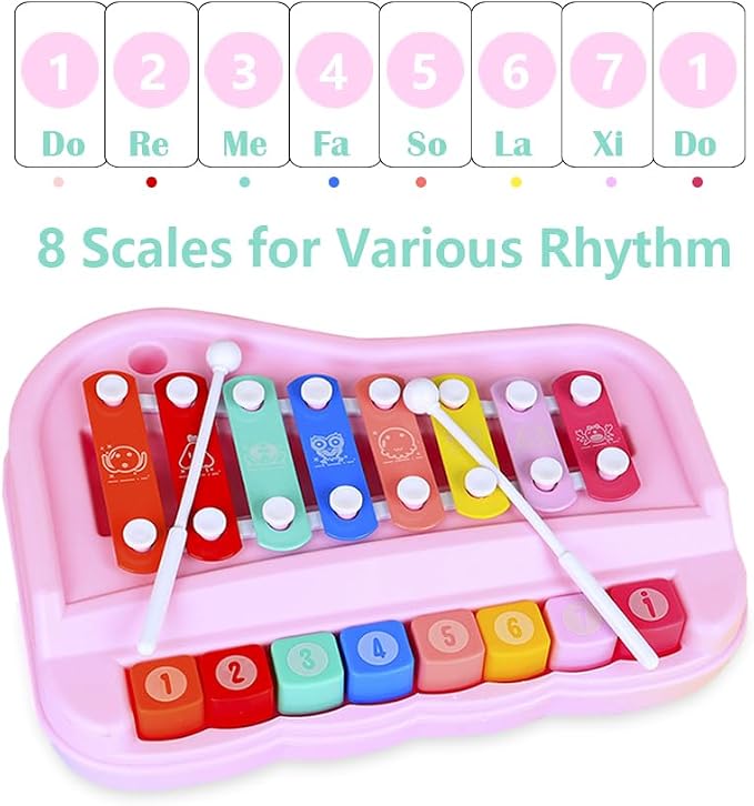 2 in 1 Piano Xylophone for Toddlers, 8 Multicolored Cause and Effect Toys Baby Xylophone, Musical Instrument Toy Piano for Toddlers(Pink)