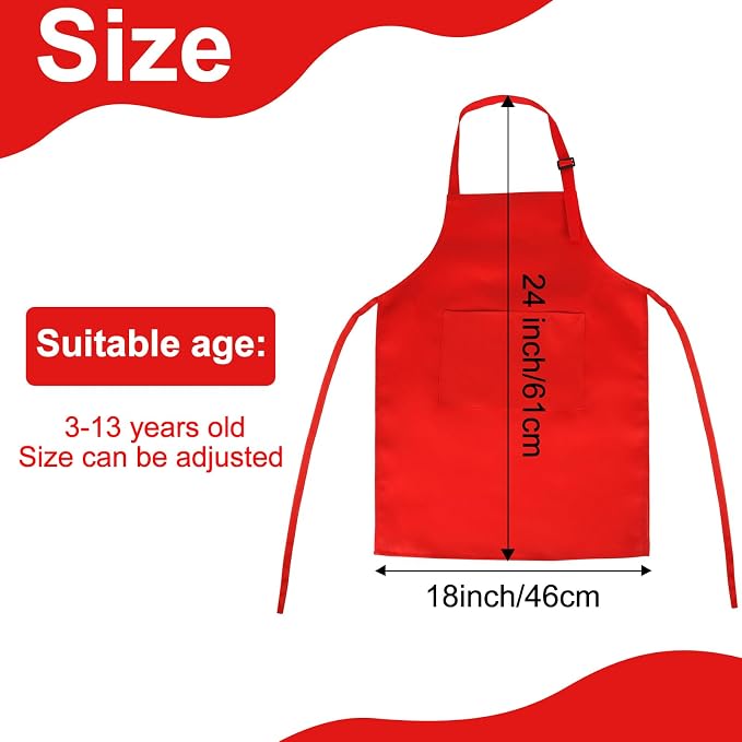 6 Pack Kids Apron bulk with 2 Pockets Adjustable Chef Art Apron Kids Painting Aprons for Cooking Baking Painting Crafting Grilling Activity（Red）