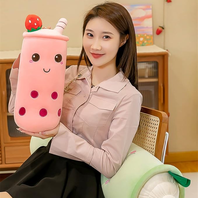 Rexinc Cute Plushies Plush Plushie Long Plush Pillow Bubble Tea Stuffed Animal Valentines Gift for Kids Adults Girlfriend (Long Pink Plush,24 Inch)