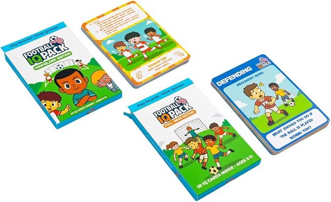 Soccer IQ Cards by Football IQ Pack– Game Intelligence Cards for Kids Ages 5–11 | Learn Mindset, Defending, Attacking & Communication | (Midfielder Edition)