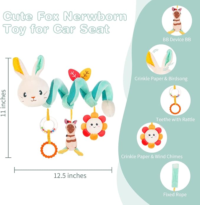 FATI Car Seat Toys for Babies 0-6 Months, Stroller & Crib Toys with Squeaker Rattles - Ideal Gifts