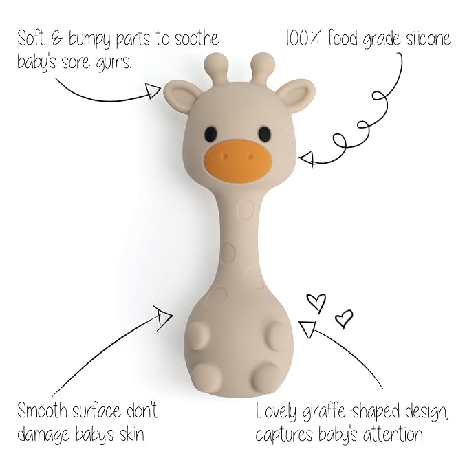 Silicone Little Giraffe Shaker Rattle Toy for Babies | Food Grade Silicone Teether | Easy to Grip | BPA Free (Sand)