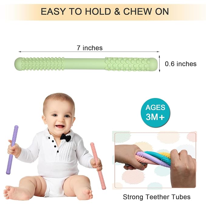 Hollow Teething Tubes Toys for Babies Girls Boys, 6 Pack Silicone Baby Teether Toy Tube for Infants with Nursing Biting Chewing, Chew Straws for Toddlers 6-12 Months (Style B)