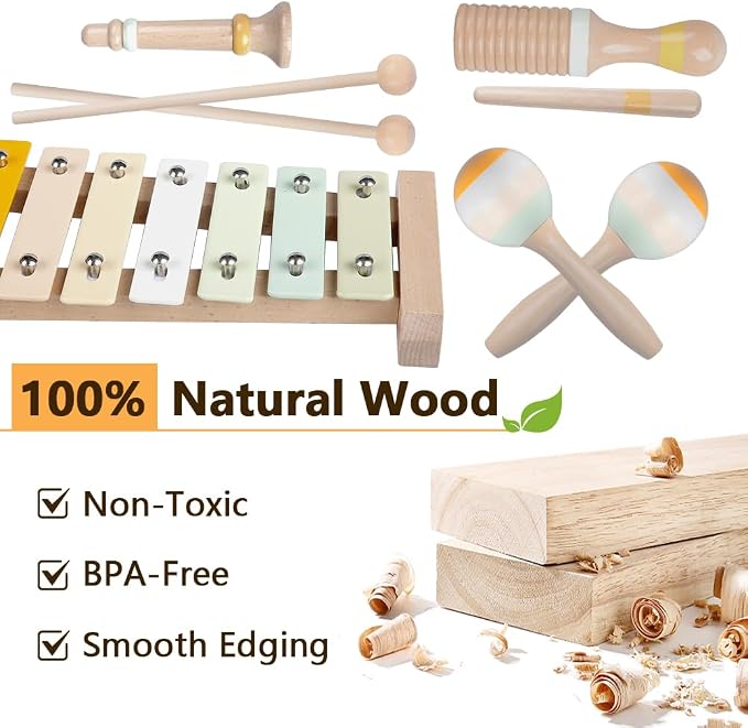 Baby Musical Instruments-Montessori Wooden Toys for Toddlers,Neutral Colors Percussion Instruments Set with Modern Boho Xylophone for Kids Preschool Educational (Neutral)