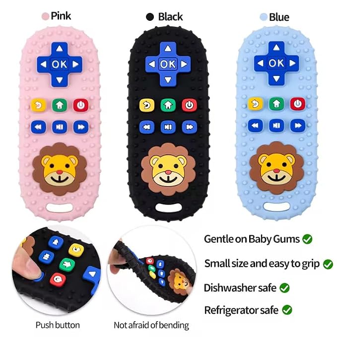 Baby Teething Toy, Soft TV Remote and Game Controller Shape Chew Set, Educational Toy for Intellectual Development, Safe Silicone for Toddler and Infant (Blue (Panda Handle + Lion Remote Control))