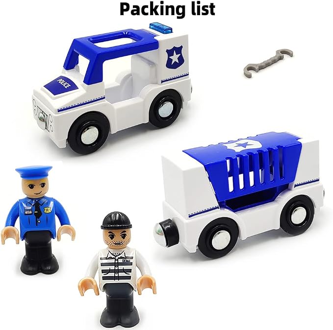 Wooden Train Cars Track Accessories Set Police Car with Light and Sound Small Vehicles Magnetic Train Cars Fit for Wooden Train Track Railway for Boys and Girls (Police Car(with Light and Sound))
