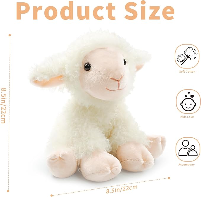 Plush Lamb Sitting Toys Stuffed Animal, Realistic Sheep Stuffed Animal Toy Characters Stuffed Filled in Limbs 8.5 Inch Soft Huggable for Kids with Stuffed Animals Easter Baptism Gift for Girls Boys