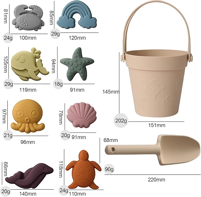RoseFlower Silicone Sand Toys Set for Toddlers, Portable Travel Beach Sand Toys with Collapsible Bucket, Shovel, 8 Molds Dolphins, Starfish, Turtles & Mesh Storage Bag for Kids, Summer Gift-Beige