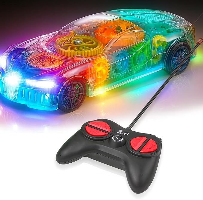 Playbees Light-Up Transparent Car with Remote Control, Toys for Autistic Kids Ages 3-5 Sensory Activity for Kids with Autism Special Needs Toys, Bump and Go Toys for Toddlers Music and LED Effects