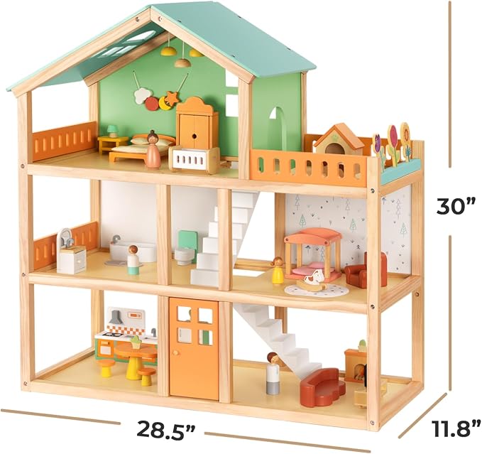 OOOK Large Wooden Dollhouse with 42 Pcs Luxurious Furniture Accessories, 3-Story Doll House 6 Rooms Balcony Wooden Stairs, Ideal Modern Doll House for 3 Year Old