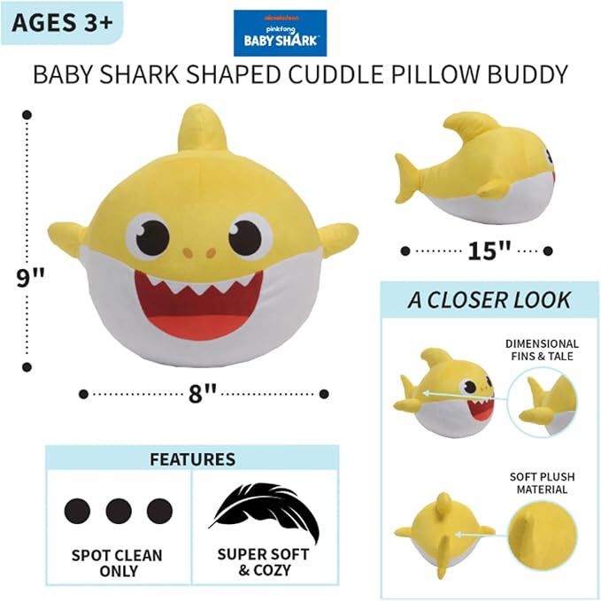 Nickelodeon Baby Shark Kids Plush Cuddle and Decorative Pillow Buddy, Yellow 15" Tall