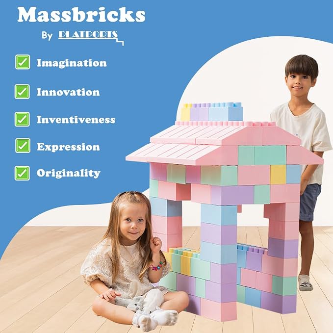 PLATPORTS 86-Piece Pastel Jumbo Big Blocks – Giant XL Pastel Building Blocks for Kids Ages 2–8, Large Plastic Construction Set for Indoor & Outdoor Play