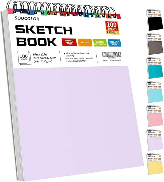 Soucolor 9" x 12" Aesthetic Sketch Book, 1-Pack 100 Sheets School Supplies Cute Sketchbook for Women, Japanese Stationary Sketching Supplies for Kids Teen Girl Gifts Birthday Gifts, Pastel Purple