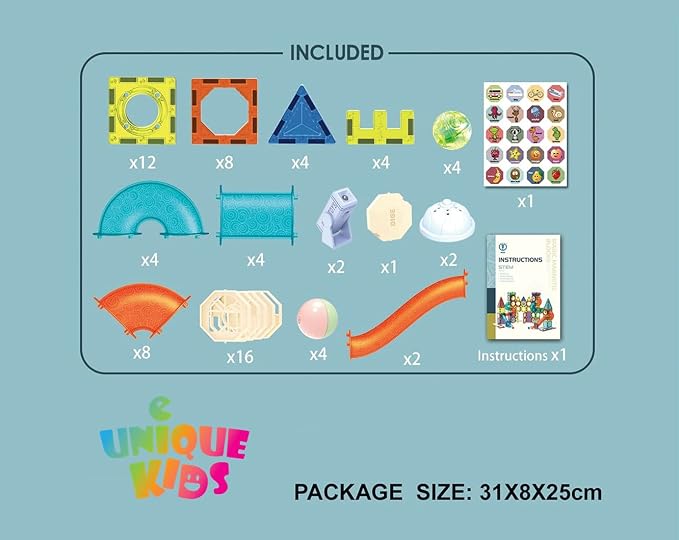 UNIQUE KIDS Magnetic Tiles Building Blocks with Light-Up Marble Run & LED Ball - STEM STEAM Toys for Kids Ages 3-10+ Boys Girls Birthday Gift (110 PCS)