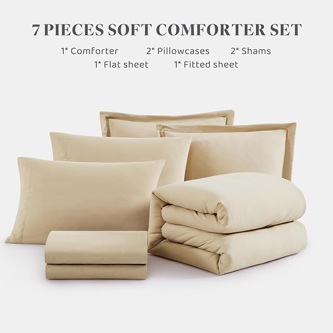 WRENSONGE King Size Comforter Sets, 7 Pieces Beige Soft Bed in a Bag King with Fitted Sheet, Flat Sheet, 2 Pillow Shams, and 2 Pillowcases- Warm Bedding Set for All Season