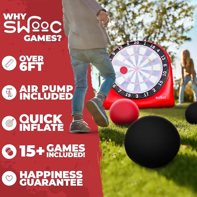 Swooc Games - Premium Inflatable Giant Kick Darts (15+ Ways to Play) - Jumbo Soccer Dartboard with Air Pump - Big Carnival Games - Giant Outdoor Games - Oversized Dart Board Yard & Lawn Game