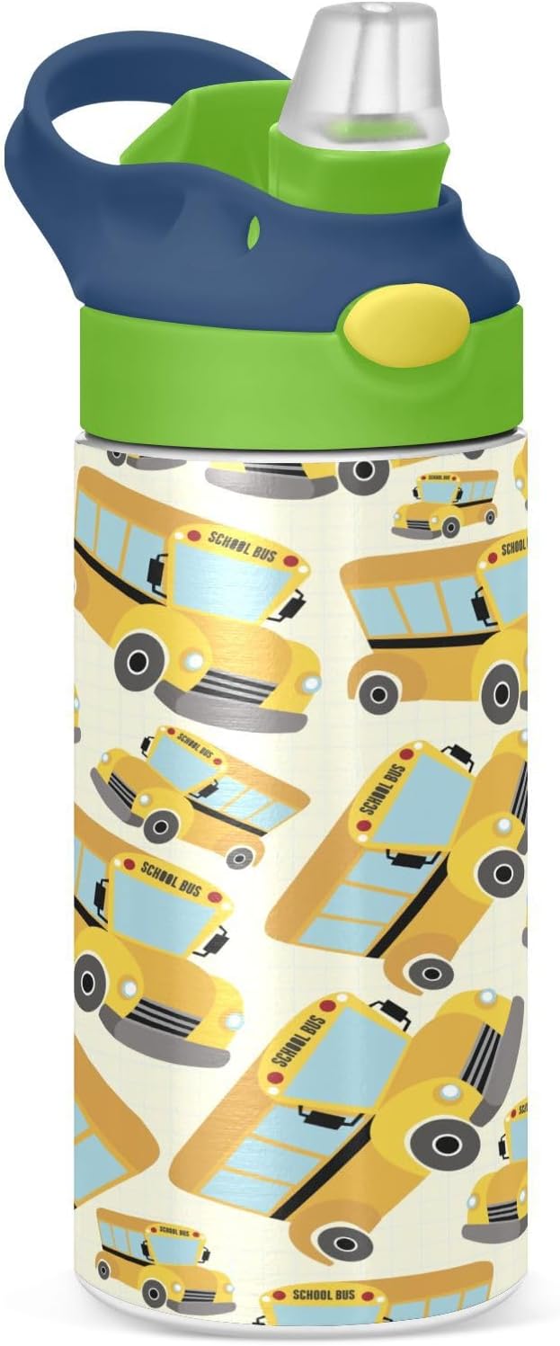 Boccsty Yellow School Bus Kids Water Bottle with Straw Lid Truck Insulated Stainless Steel Reusable Tumbler for Boys Girls Toddlers 12 oz Green