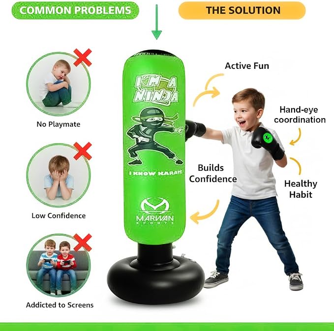 Marwan Sports Ninja Kids Punching Bag — Inflatable Sensory Toy & Birthday Gift for Boys & Girls Ages 4-12, 63" Freestanding 5-in-1 Kit, Indoor Apartment-Quiet Sensory-Friendly Active Play